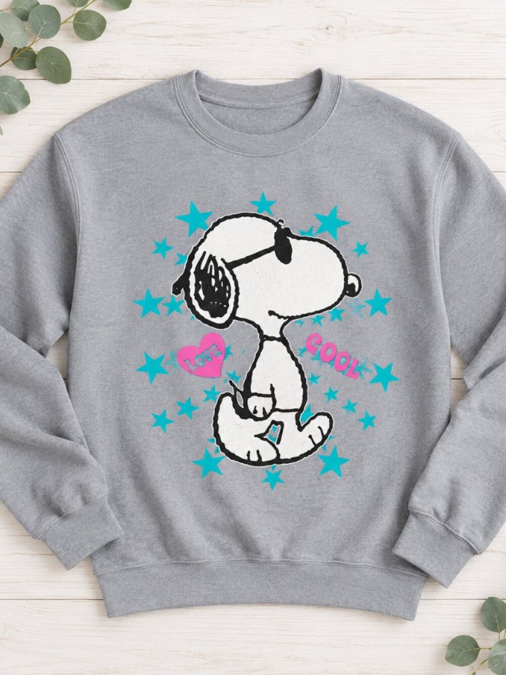 Cool Cartoon Beagle Sweatshirt Gray Teal Stars Pink Heart Crewneck Graphic Women